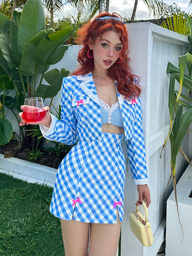 Le Palais  Blue Plaid Small Fragrance Thin Short Coat + Short Skirt- Yuno