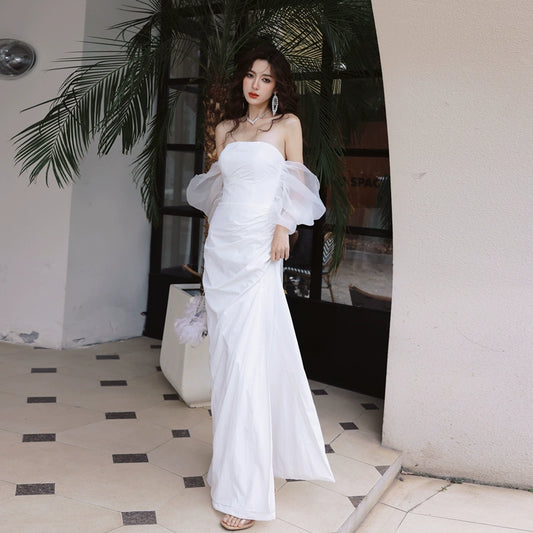 DOLLY Elegant White Off Shoulder Short Puff Sleeve High Waist Wedding Dress-NIKKA