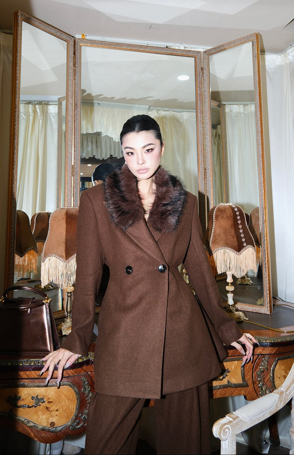 MEI SANGUAN Coffee Velvet Blazer & Slacks Set - ELENA
