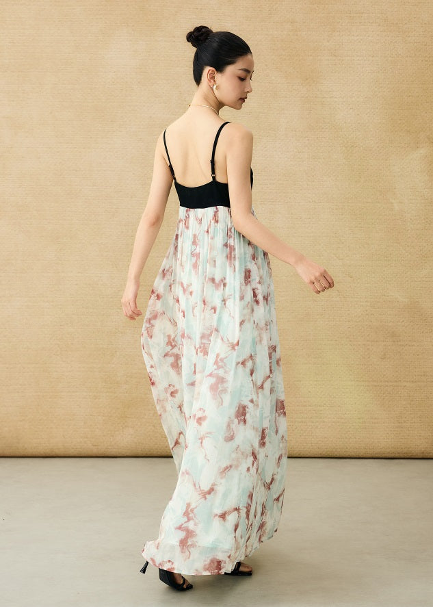 HECO Chinese V-neck camisole chiffon print long dress - BUSE.