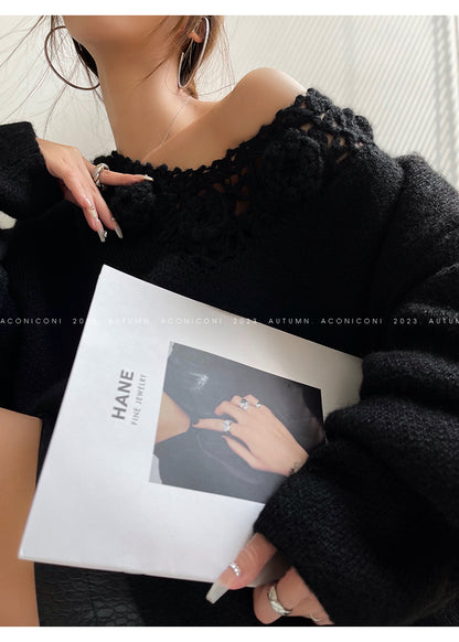 Aconiconi|Purple Flower Crochet openwork long cropped loose wool knit sweater  dress - Twilight