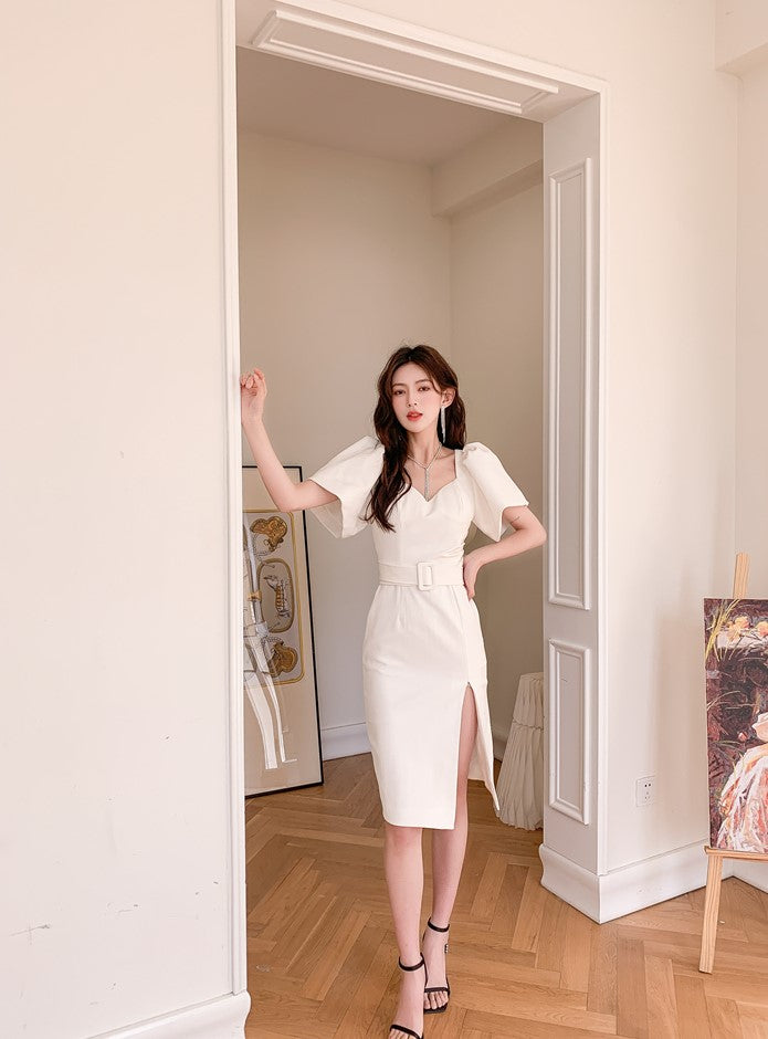 DOLLY Luxury Black Retro V-Neck Short Puff Sleeve Midi Luncheon Dress-SUSU