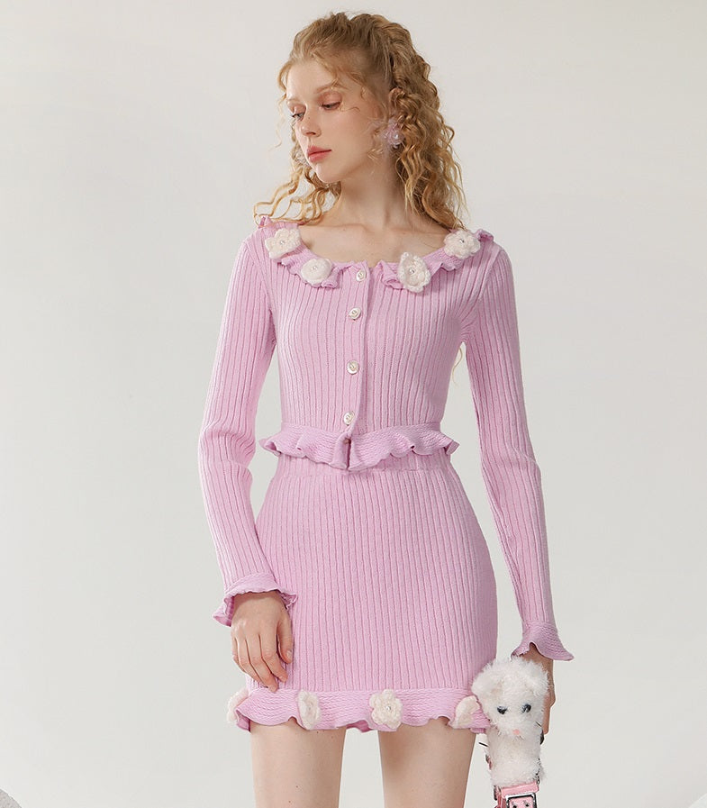 CHECOCRE Stunning Three-dimensional Crochet Pink Flower Contrast Two-piece Set - JOSHUA