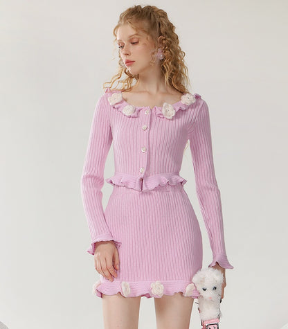 CHECOCRE Stunning Three-dimensional Crochet Pink Flower Contrast Two-piece Set - JOSHUA