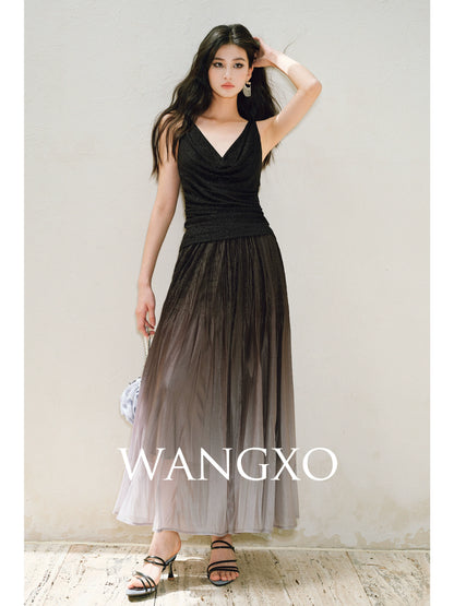 WANGXO |High-Waisted Umbrella Hem Romantic Skirt with Luxe Shimmer-LINA