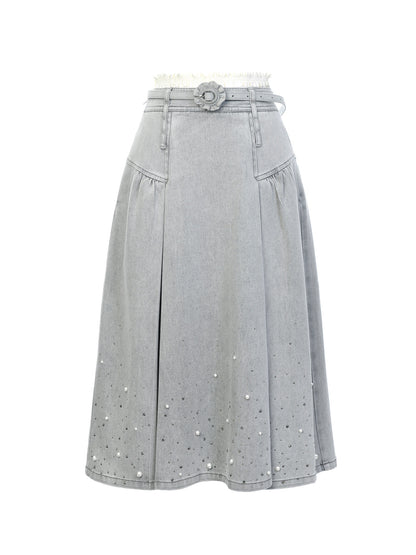 FAME beaded double waist denim maxi skirt - ANDREW