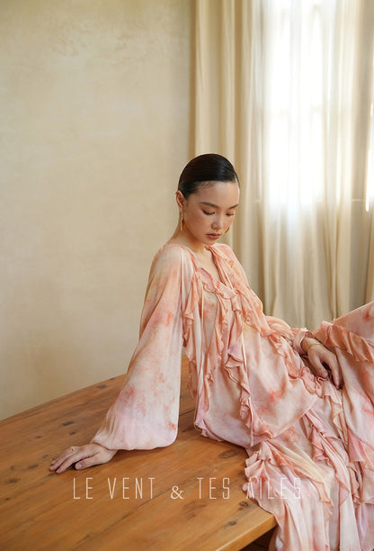 LE VENT& TES AILES Spring summer elegant multicolor silk smudged floral shirt skirt-ENE