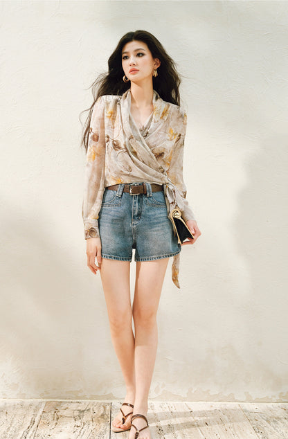 WANGXO | Silky Drape Smooth Georgette Vine-Inspired Geometric Print Entwined Twisted Shirt  -LYRA