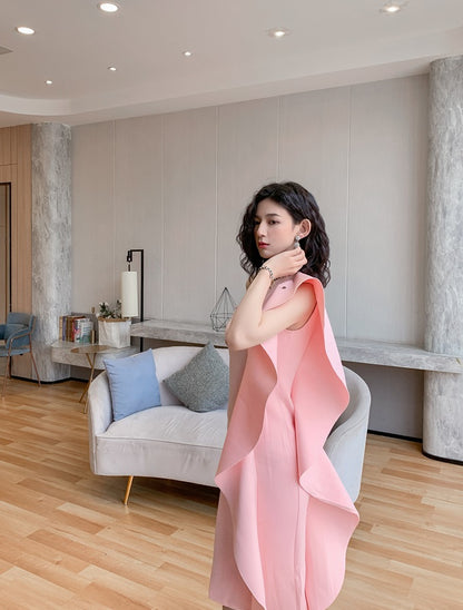 DOLLY Luxury French Style Ruffle One Shoulder Hip Hug Midi Dinner Dress-JEHO