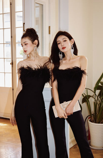 DOLLY High End Black Sleeveless Feather Tube Top Long Flared Pant Jumpsuit-PALMER