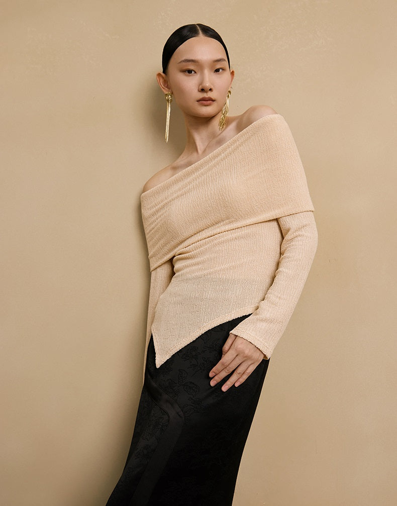 HECO stretch pleated off-the-shoulder long sleeve T-shirt - GRAD.
