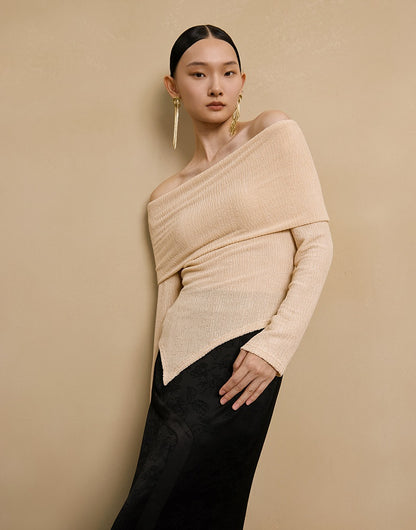 HECO stretch pleated off-the-shoulder long sleeve T-shirt - GRAD.