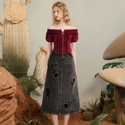 CHECOCRE summer new one-shoulder lace knit top embroidered rose denim suit skirt - HEART.