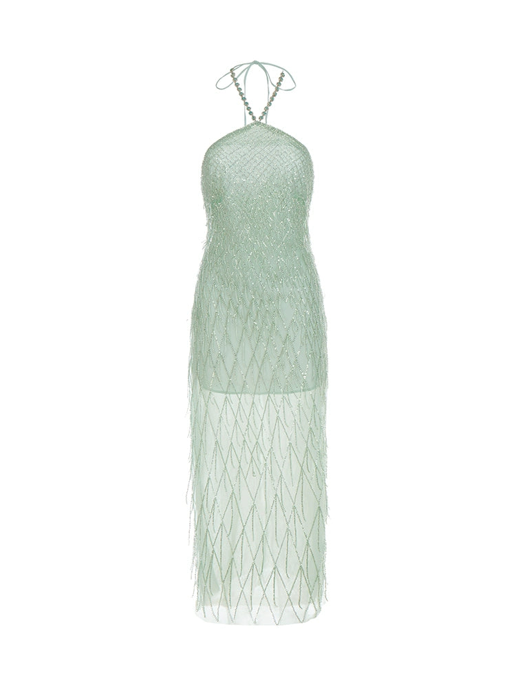 Wardrobes by Chen Elegant Green Halter Tassel cocktail party Dress-Zen