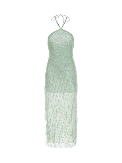 Wardrobes by Chen Elegant Green Halter Tassel cocktail party Dress-Zen
