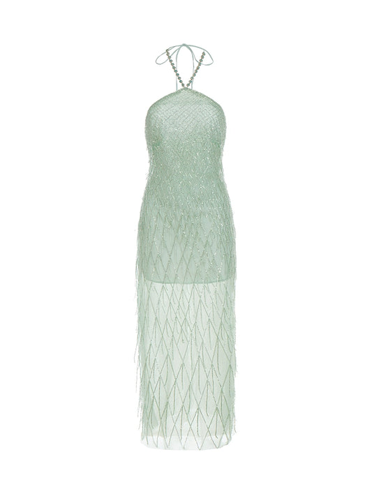 Wardrobes by Chen Elegant Green Halter Tassel cocktail party Dress-Zen