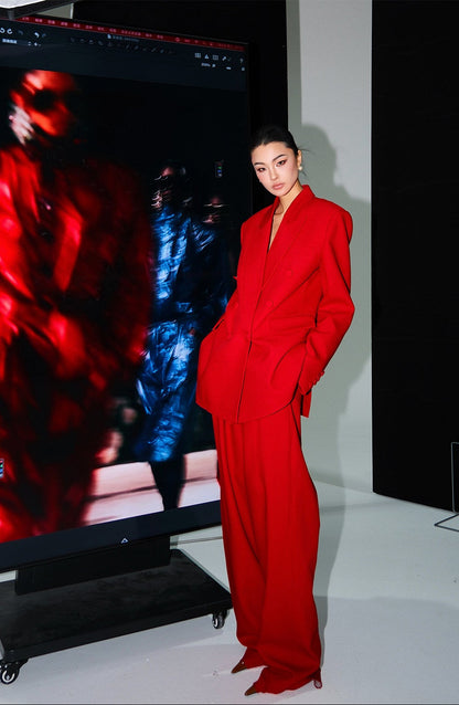 MEI SANGUAN Wool-Blend Red Blazer & Floor-Length Slacks Suit - MOSES