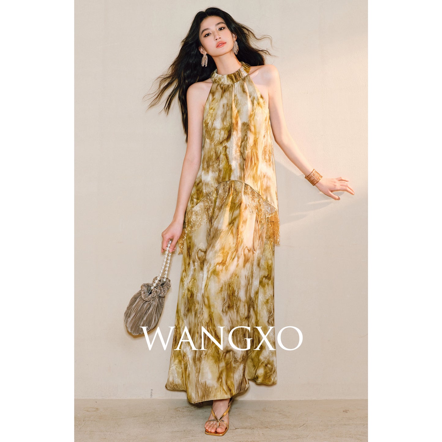 WANGXO | Oil Painting-Inspired Satin Jacquard  Beaded Tassel French-Italian Romantic Shaved Shoulder Halterneck Dress -LUMI