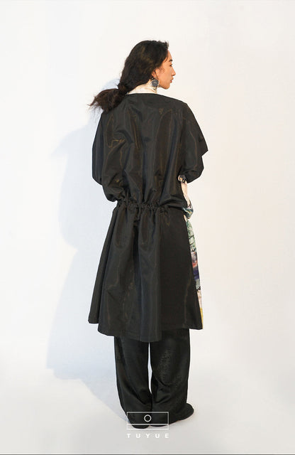 TUYUE art print drawstring stand-up collar trench coat - ERNIE.