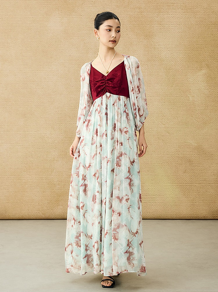 HECO Chinese V-neck camisole chiffon print long dress - BUSE.