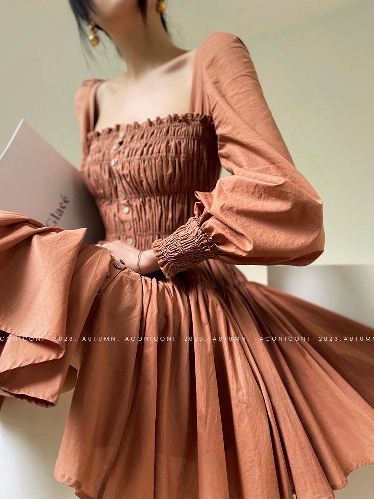 Aconiconi Autumn Floral print French A line brown cottage Dress- Samba