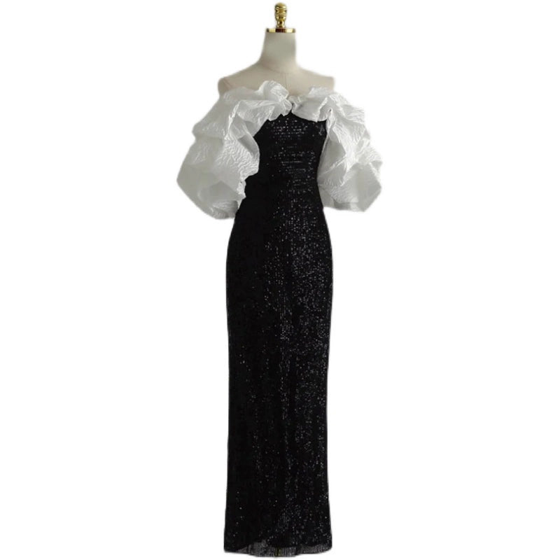 DOLLY Luxury Black Off Shoulder White Ruffle Chest Wrap Long Banquet Dress-NOLA