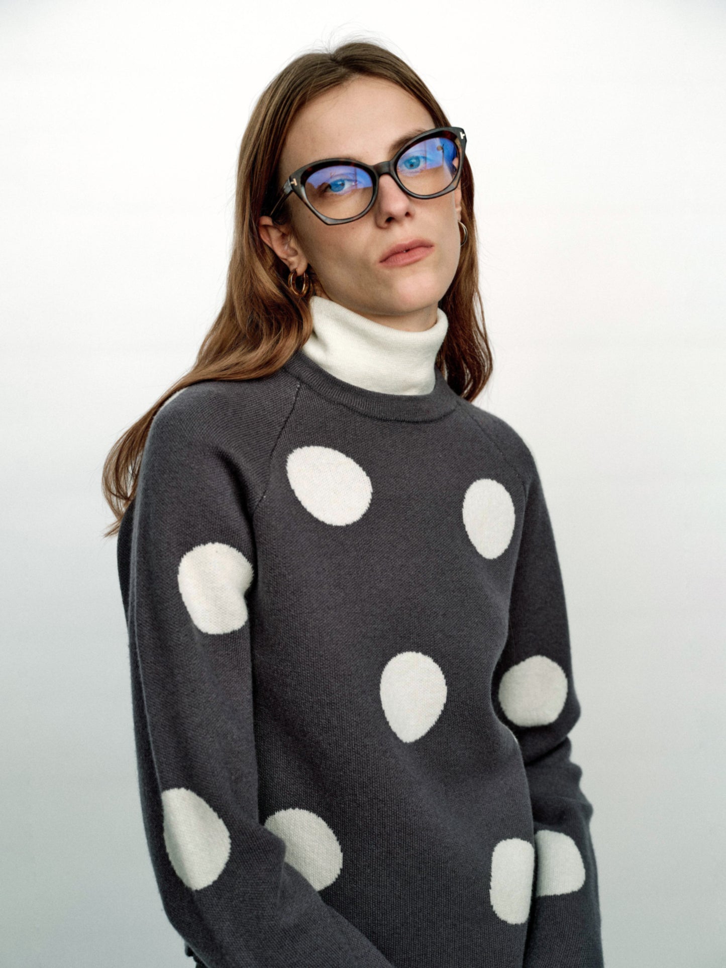 SERRER Gray polka dot jacquard fake two high-necked cropped knitted sweaters - PRIYA.