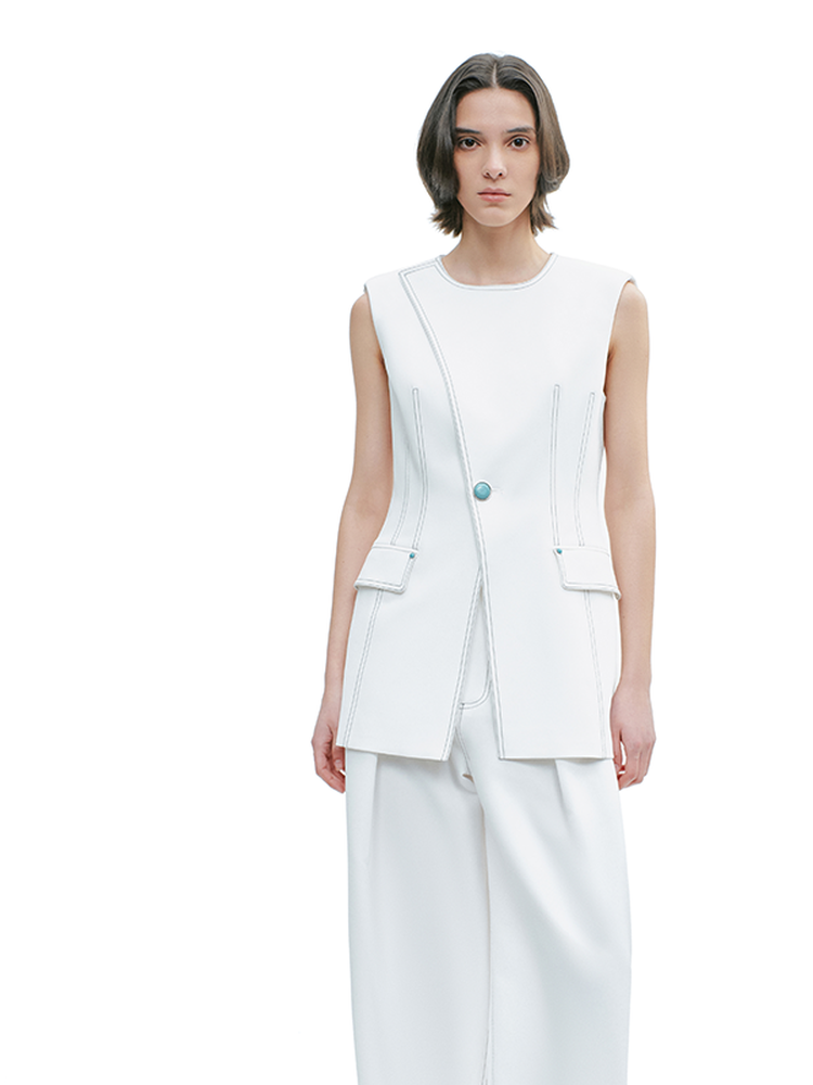 YES BY YESIR | Topstitched Denim Vest and Pant Suit Set - CYANNE.