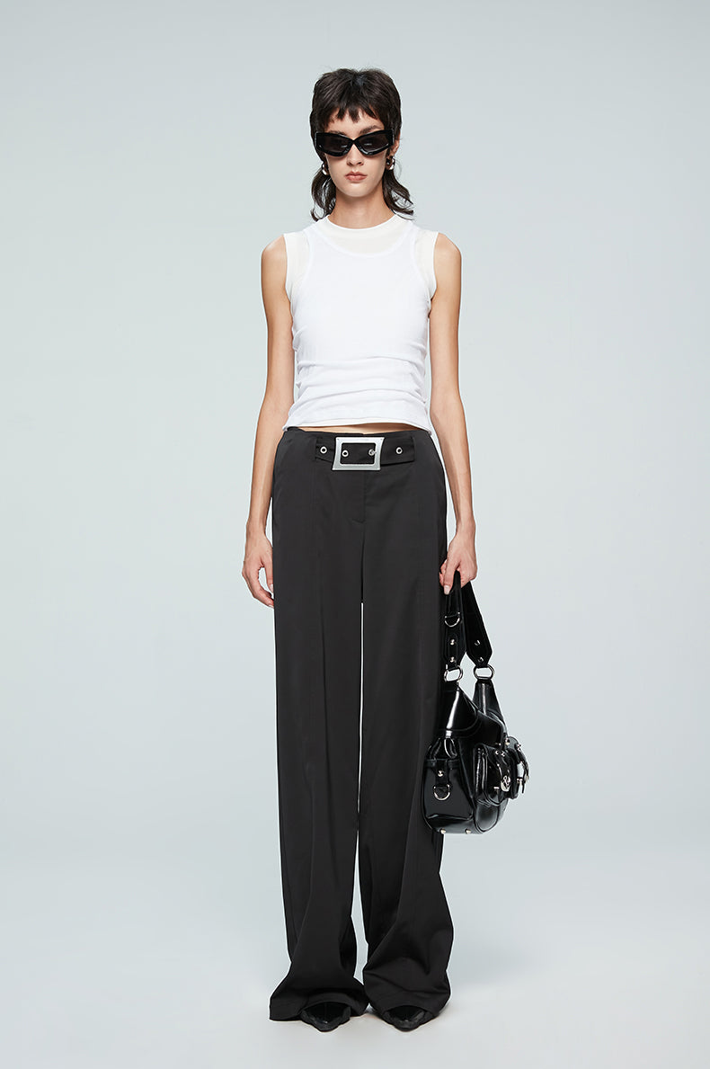 ANNAKIKI Niche Designer Japanese Button Interspersed Belt Wide-leg Pants-NEFA