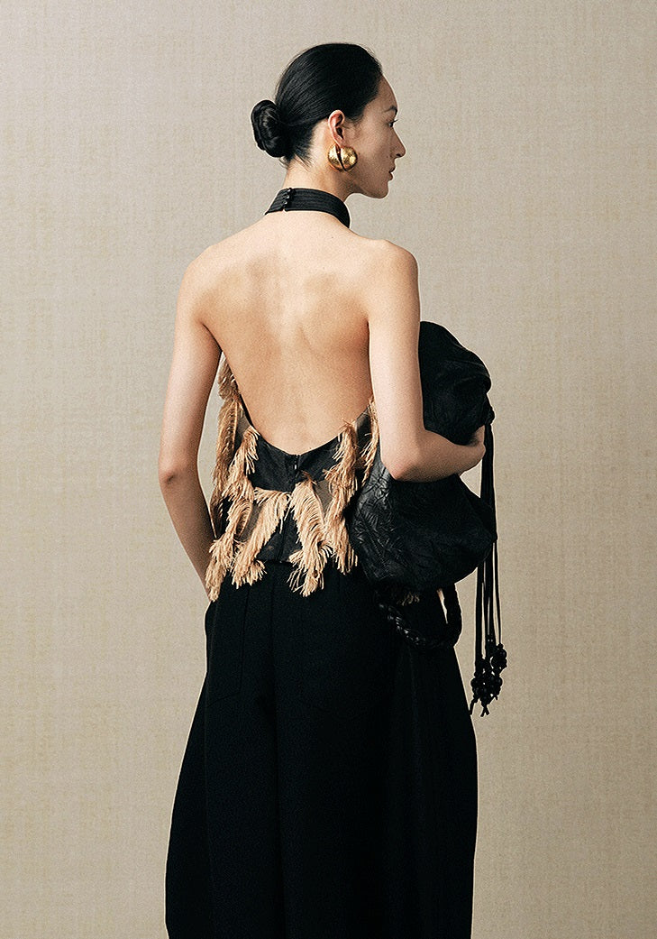 ZHUCHONGYUN draped tassel jacquard sleeveless halter neck suspender top-MAOTOME.