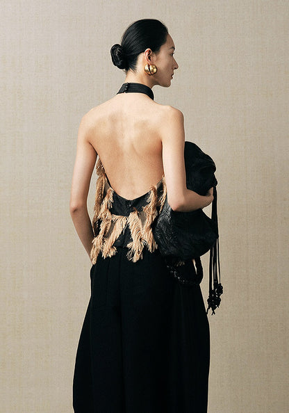 ZHUCHONGYUN draped tassel jacquard sleeveless halter neck suspender top-MAOTOME.