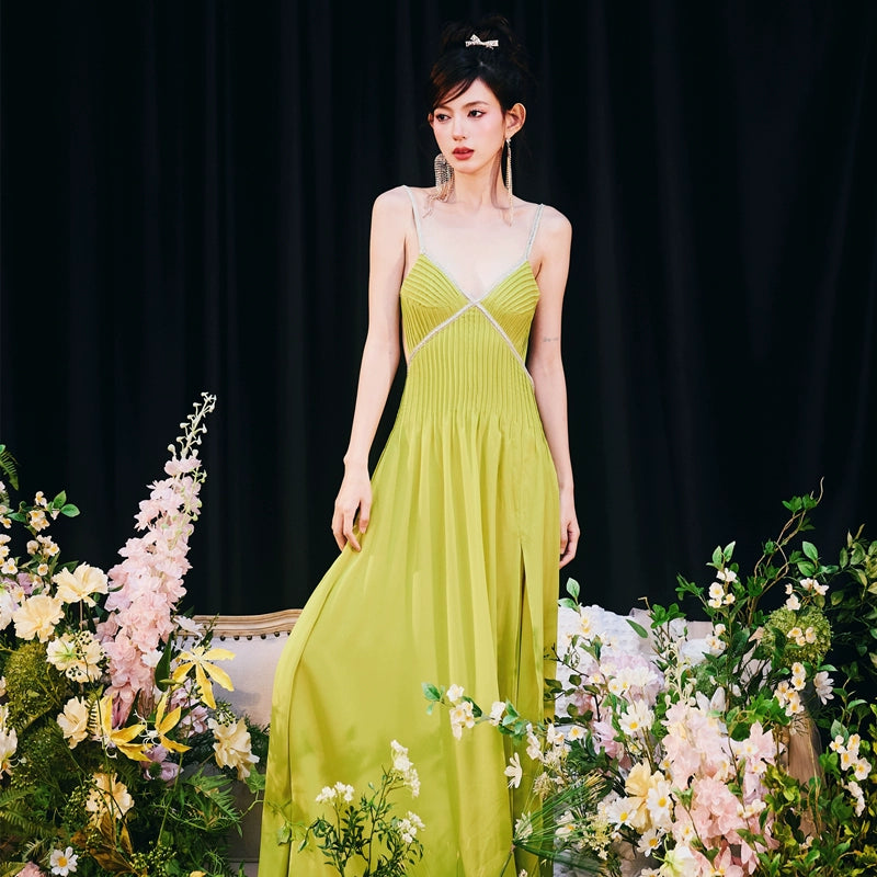 DOLLY Elegant Green V-Neck Sleeveless Slim Fit Backless Slit Resort Dress-JUN