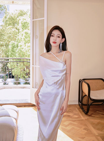 DOLLY Elegant Blue French Style Satin Sleeveless Pleated Hip Long Slit Dinner Dress-AVA