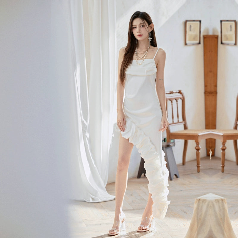 DOLLY Luxury White French Style Stain Sleeveless Irregular Hem Cocktail Dress-Lui