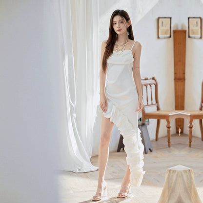 DOLLY Luxury White French Style Stain Sleeveless Irregular Hem Cocktail Dress-Lui