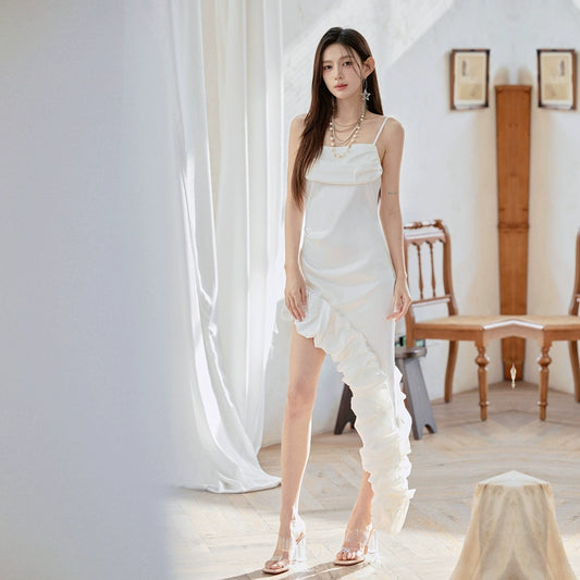 DOLLY Luxury White French Style Stain Sleeveless Irregular Hem Cocktail Dress-Lui