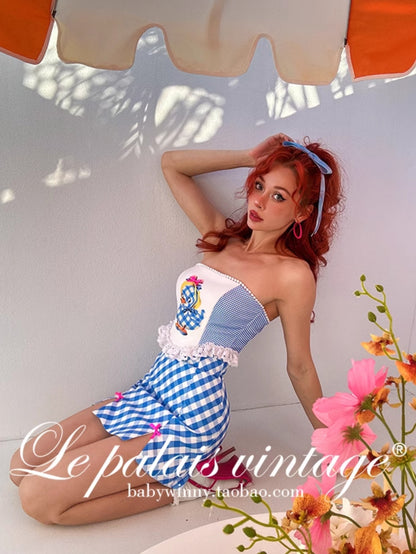 Le Palais  Blue Plaid Small Fragrance Thin Short Coat + Short Skirt- Yuno