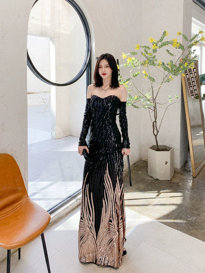DOLLY High End Black Gold Chest Wrap Long Sleeve Off Shoulder Long Banquet Dress-KANTE