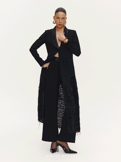 ATELIER MISS LU Slim Fringe Spliced Texture Long Dress Jacket - AMOT