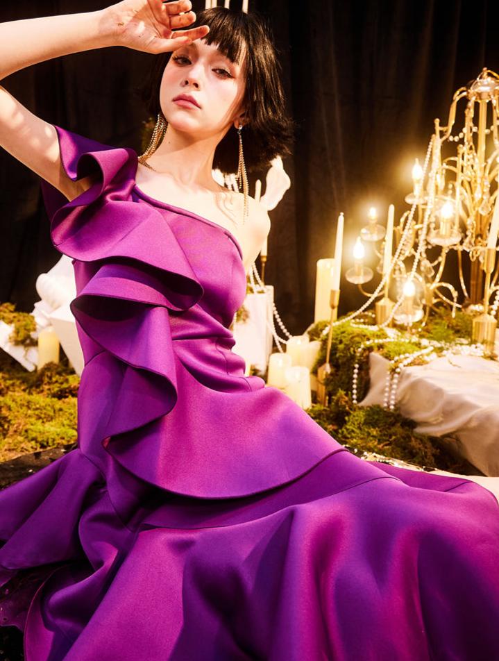 DOLLY Elegant Retro Style Deep Purple Ruffled Off Shoulder Midi Dress-PINKY