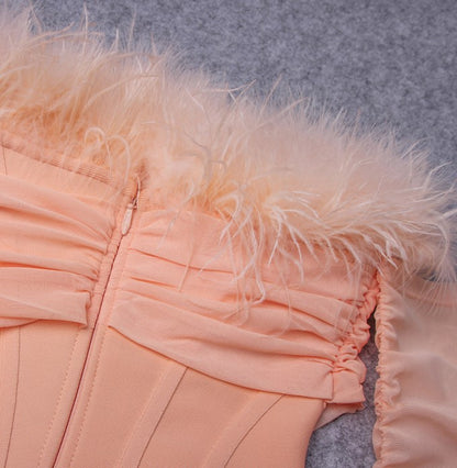 DOLLY Elegant Black Sleeveless Feather Off Shoulder Long Sleeve Party Dress-CHRIS