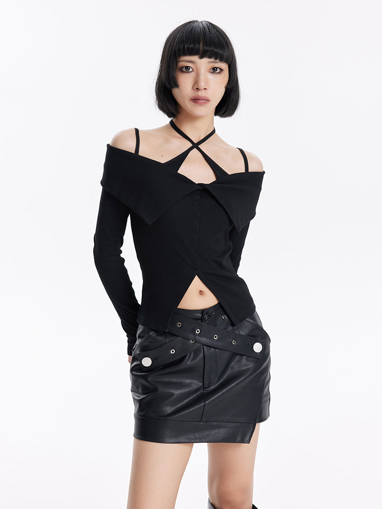 TINY IN cross belt pu leather black skirt -DASHY