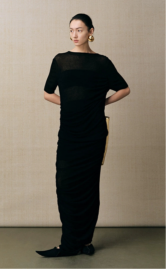 ZHUCHONGYUN  irregular hem pleated waist straight knit skirt--KUROKO.