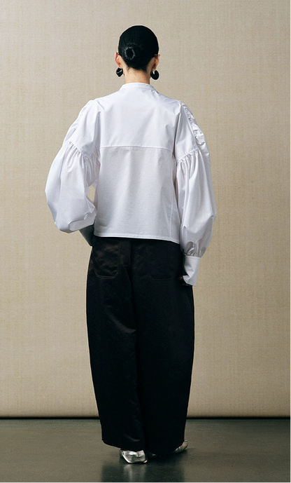 ZHUCHONGYUN balloon sleeve stretch mock neckline white shirt-STAD.