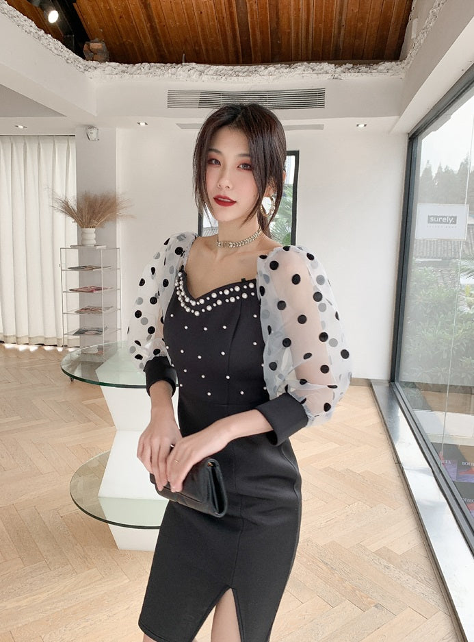 DOLLY Luxury Black Retro Style V-Neck Polka Dot Long Sleeve Slim Fit Dress-DEL