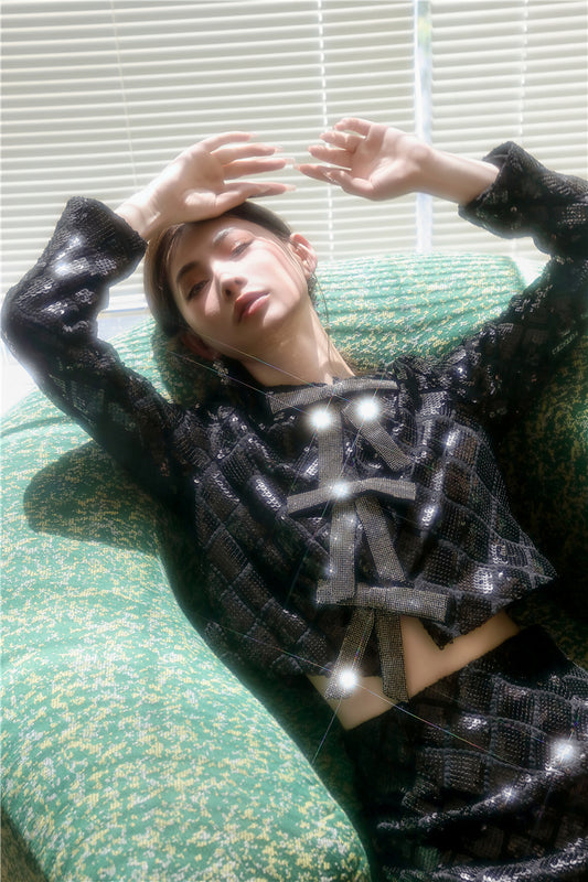 Wardrobes by Chen Black sequin Long Sleeve Top + High Waist Short Skirt-SARA