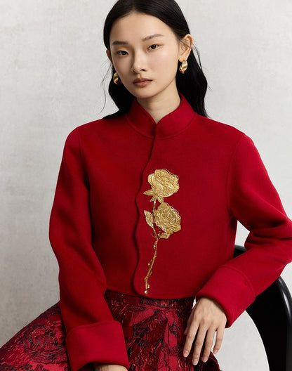 HECO 100% wool Embroidery Red black Short Double-Sided Tweed Jacket Women - out.