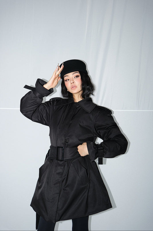 MEI SANGUAN black waist-cinched mid-length jacket - JASON