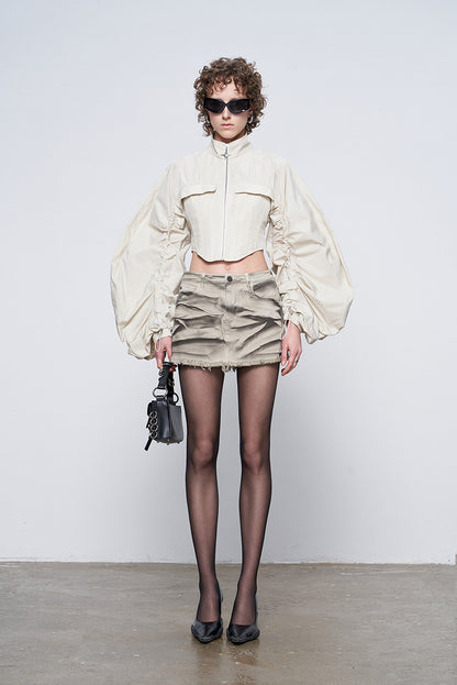 ANNAKIKI Futuristic herringbone shirred slim cropped jacket-KEANE