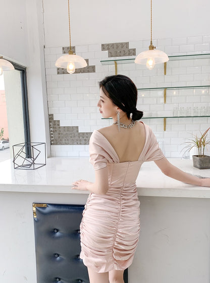 DOLLY Elegant V-Neck Short Sleeve Tube Top Slim Fit Pleated Short Date Dress-LITA